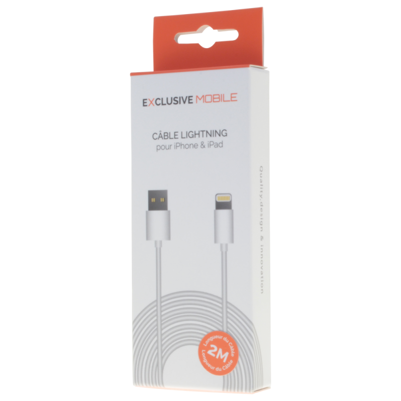 Câble Lightning Compatible 2M Blanc - Packaging Exclusive Mobile